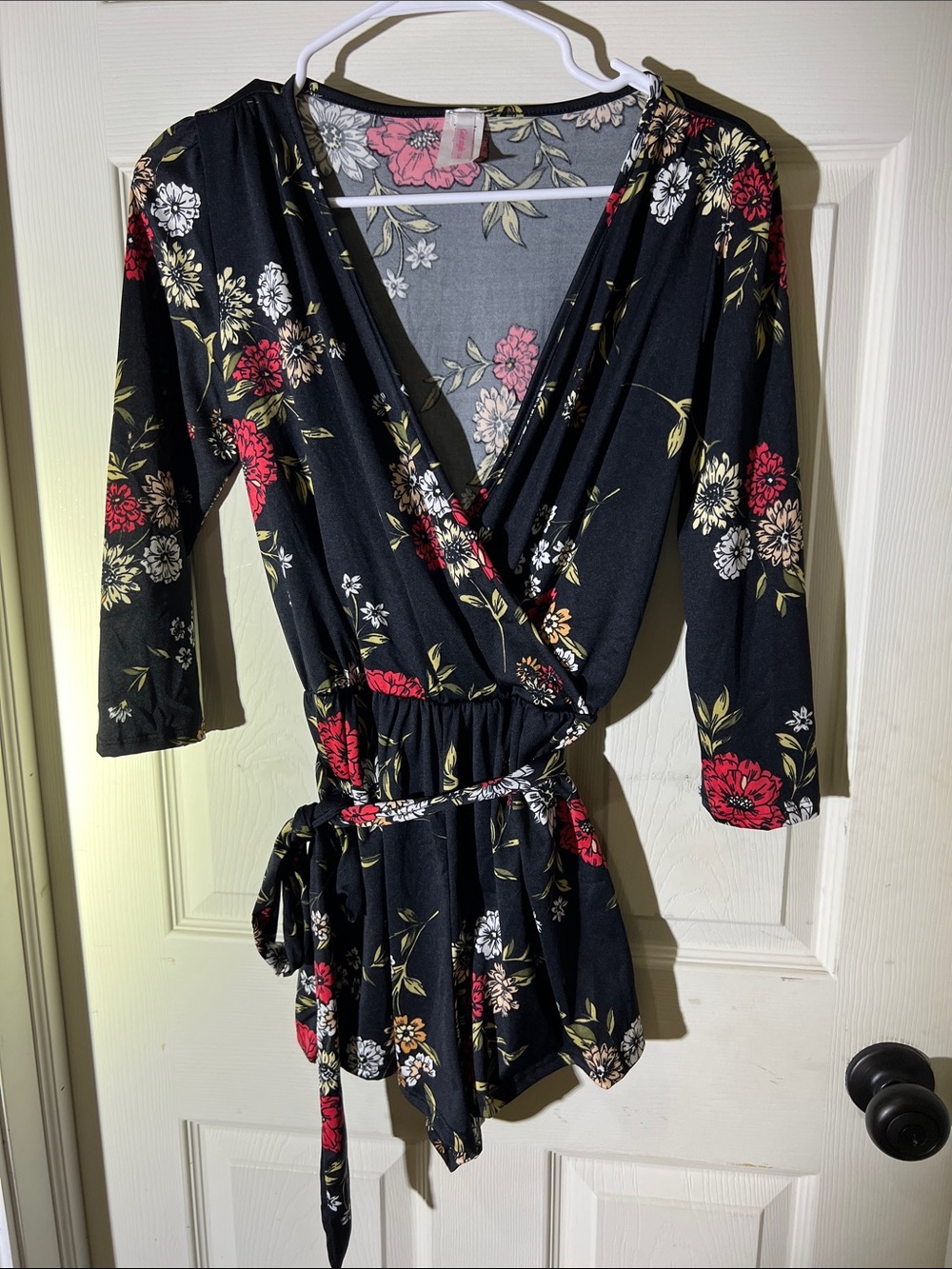 Women's Black Floral Wrap Romper with Pink & White Blooms